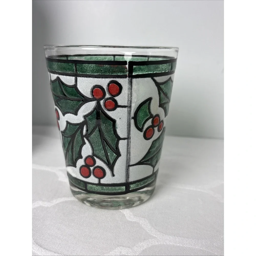 4 West Virginia Snowy Holly Berry Stained Glass On Rocks Christmas Glasses Set